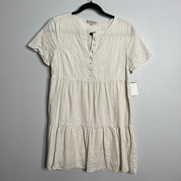 Madewell White Mini Dress Embroidered Eyelet Button Front Tiered Floral Sz S - Picture 2 of 6